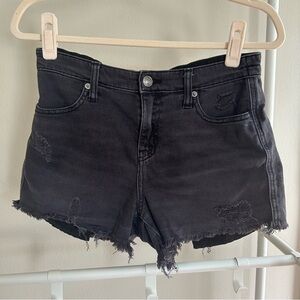 Aerie distressed black denim shorts with elastic waist and hang pockets